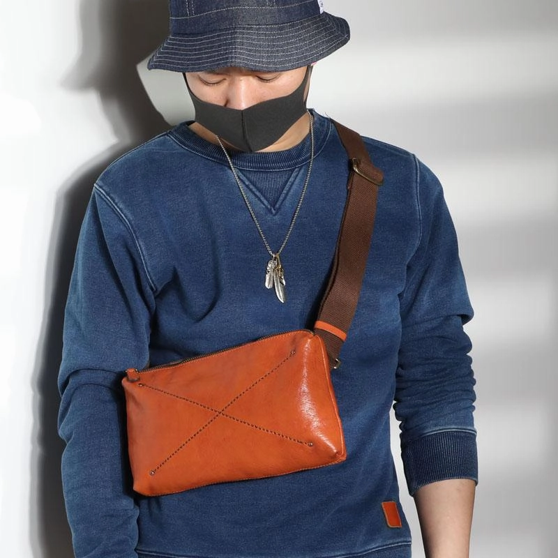 Cool Black LEATHER MEN'S 8 INCHES Small Side BAGs Sling MESSENGER BAG Chest BAG FOR MEN Compact Storage