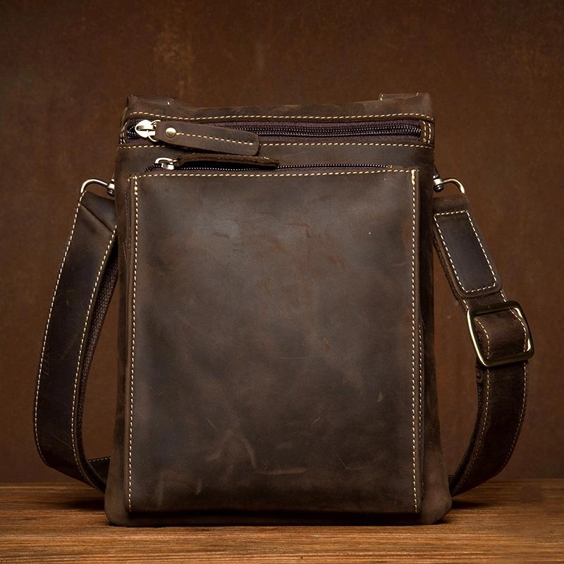 Dark Brown Cool Leather Small Vertical Side Bag Messenger Bags Courier Bag for Men Outdoor Gear Essential Fashion Statement