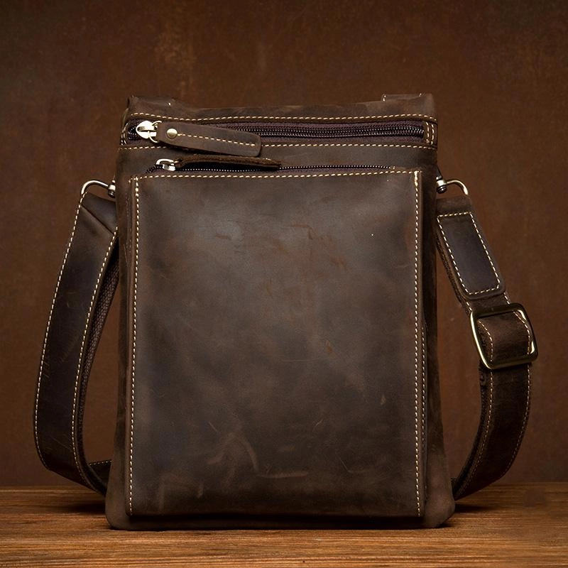 Dark Brown Cool Leather Small Vertical Side Bag Messenger Bags Courier Bag for Men Modern Journey Sporty Vibe
