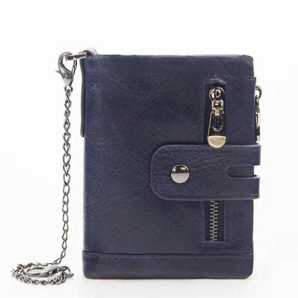 RFID Anti-Theft Brush Wallet, Oil Wax Cowhide Multi-Functional Double-Zip Men's Leather Wallet Handy Size Soft Grain