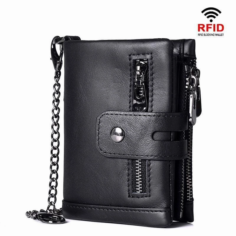 RFID Anti-Theft Brush Wallet, Oil Wax Cowhide Multi-Functional Double-Zip Men's Leather Wallet Luxury Craftsmanship