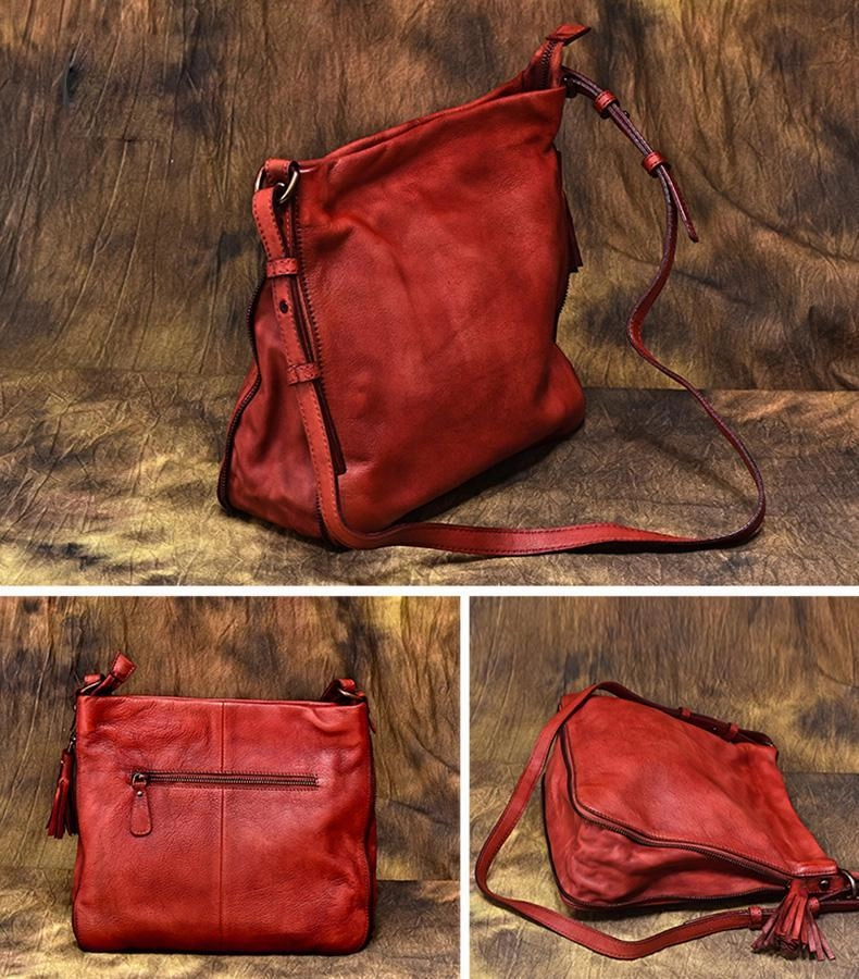 Neutral design Brown Vintage WOmens Leather Bucket Shoulder Bag Cross Body Bucket Side Bag Red Western Leather Purses