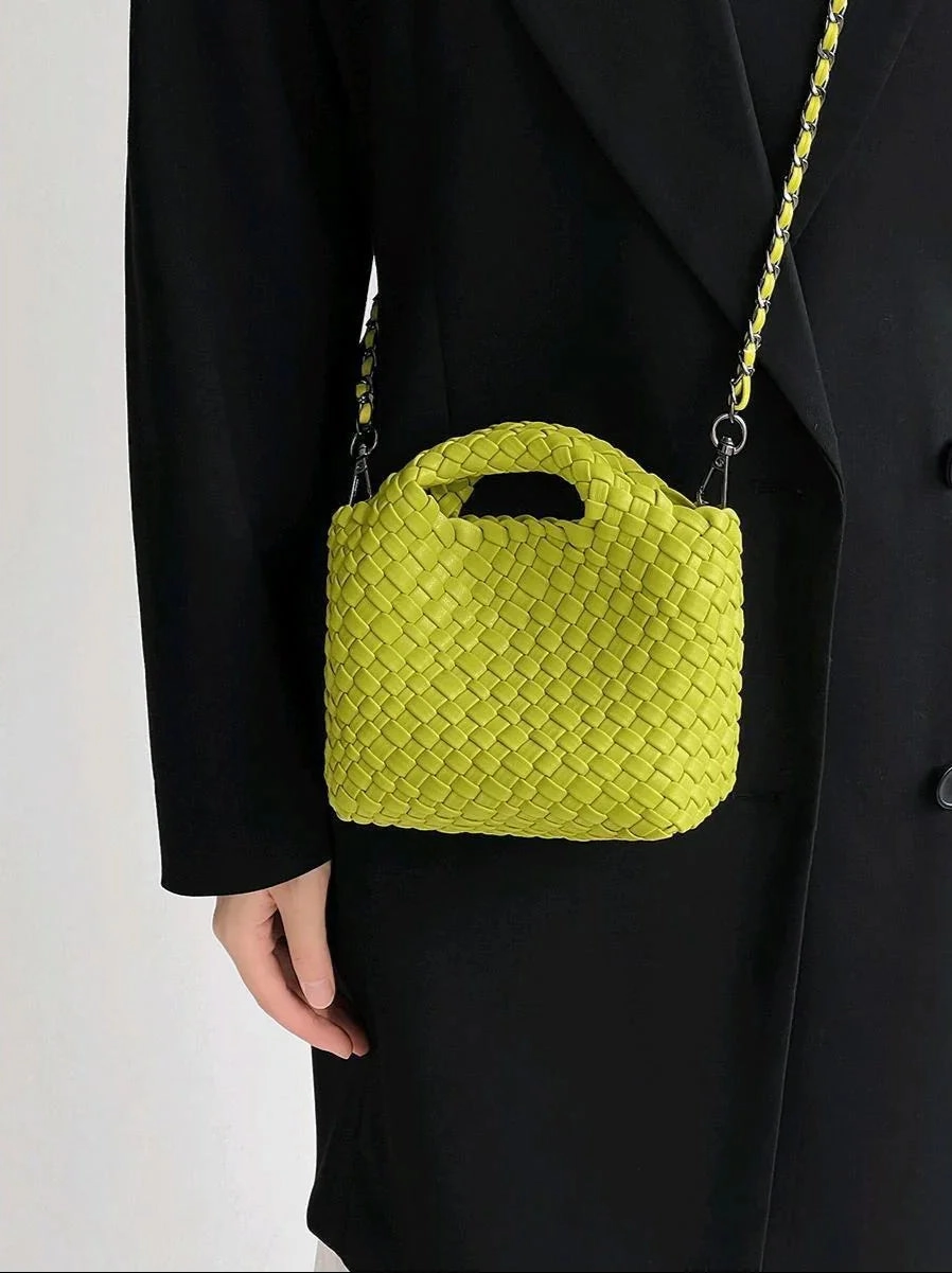 Luxury Everyday Item Everyday Fashion Handwoven Vegan Leather Mini Bucket Bag, Leather Basket Handbag   Crossbody Chain (20  Colours)