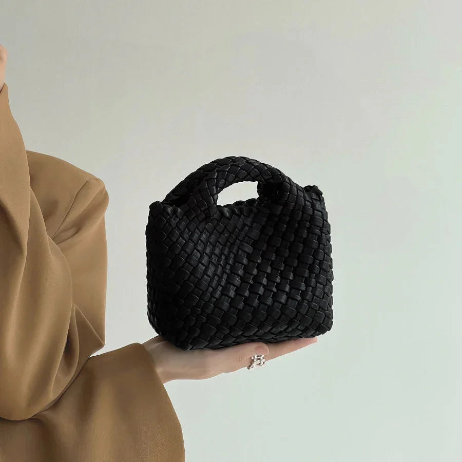 Casual Travel Bag Handwoven Vegan Leather Mini Bucket Bag, Leather Basket Handbag   Crossbody Chain (20  Colours)