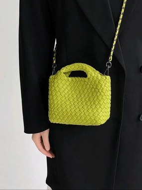 Light Outfit Classic Detail Handwoven Vegan Leather Mini Bucket Bag, Leather Basket Handbag   Crossbody Chain (20  Colours)