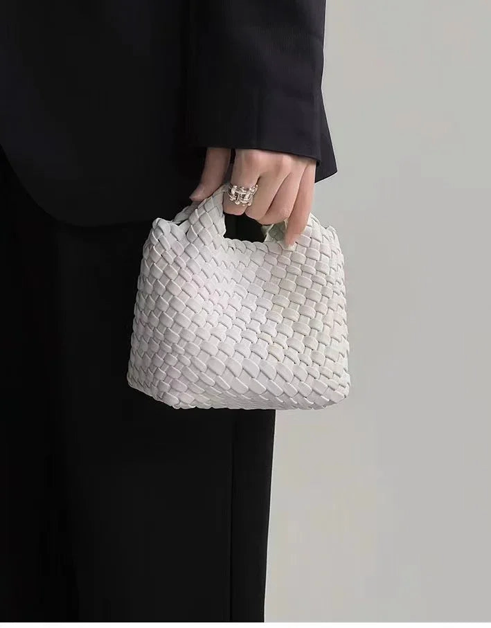 Casual Street Outfit Boho Inspired Look Handwoven Vegan Leather Mini Bucket Bag, Leather Basket Handbag   Crossbody Chain (20  Colours)