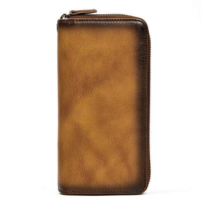 Casual Lifestyle Full Grain Leather Long Wallet, Mens Zipper Wallet, Women Bifold Wallet, Heavy Duty Double-Layer Cowhide Tall Wallet, Fathers Gift for Him