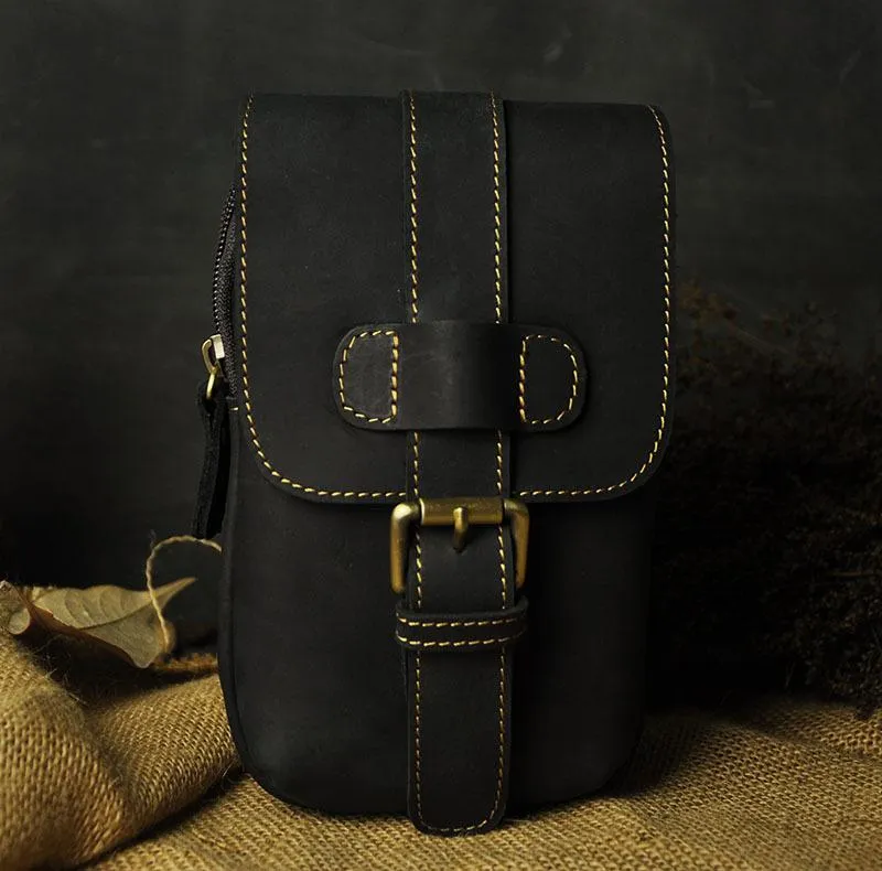 Outdoor Lifestyle Stitched Detail Small Mens Leather Belt Pouch Holsters Belt Case Cell Phone Waist Pouch for Men