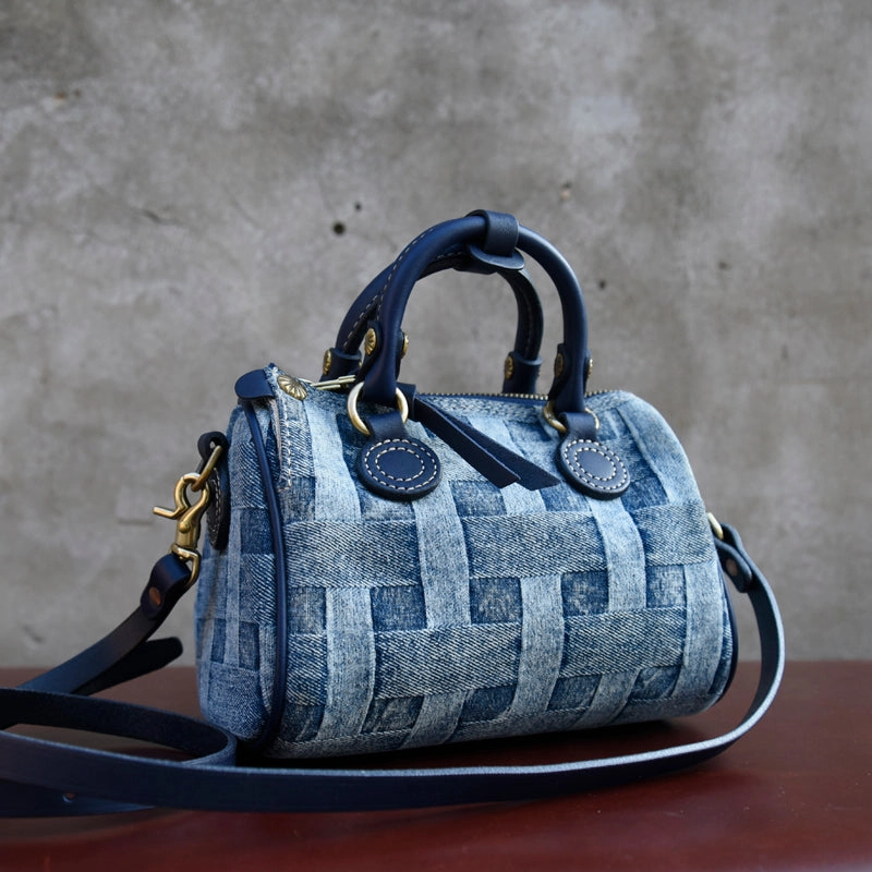 Small Blue Denim Crossbody Bag for Women Denim Boston Bag Denim Handbags for Women Fitness Gym