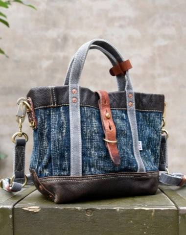 Small Blue Denim Mini Tote Bag Denim Leather Handbag Denim Mini Tote Crossbody Bag Women Bold Pattern Trendy Choice