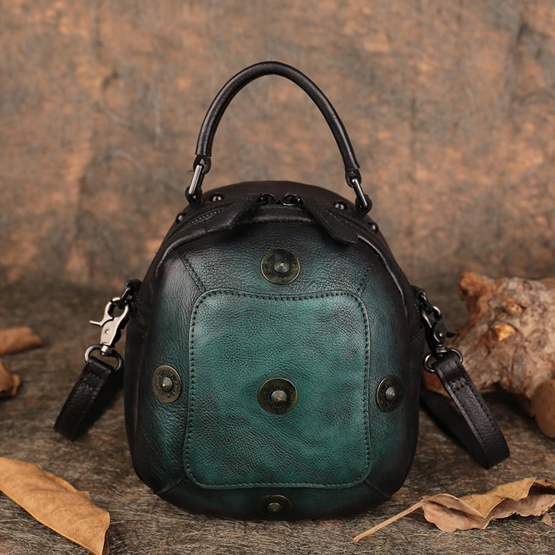 Small Green Leather Womens Rivets Shoulder Bag Barrel Small Handmade Handbag Purse for Ladies Outdoor Gear