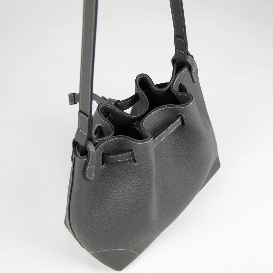 Effortless Style Small Womens Dark Gray Leather Shoulder Bucket Purse Gray Leather Barrel Shoulder Bag Purse for Ladies