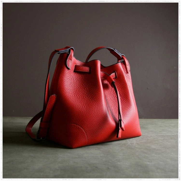 Small Womens Dark Gray Leather Shoulder Bucket Purse Gray Leather Barrel Shoulder Bag Purse for Ladies Practical Look