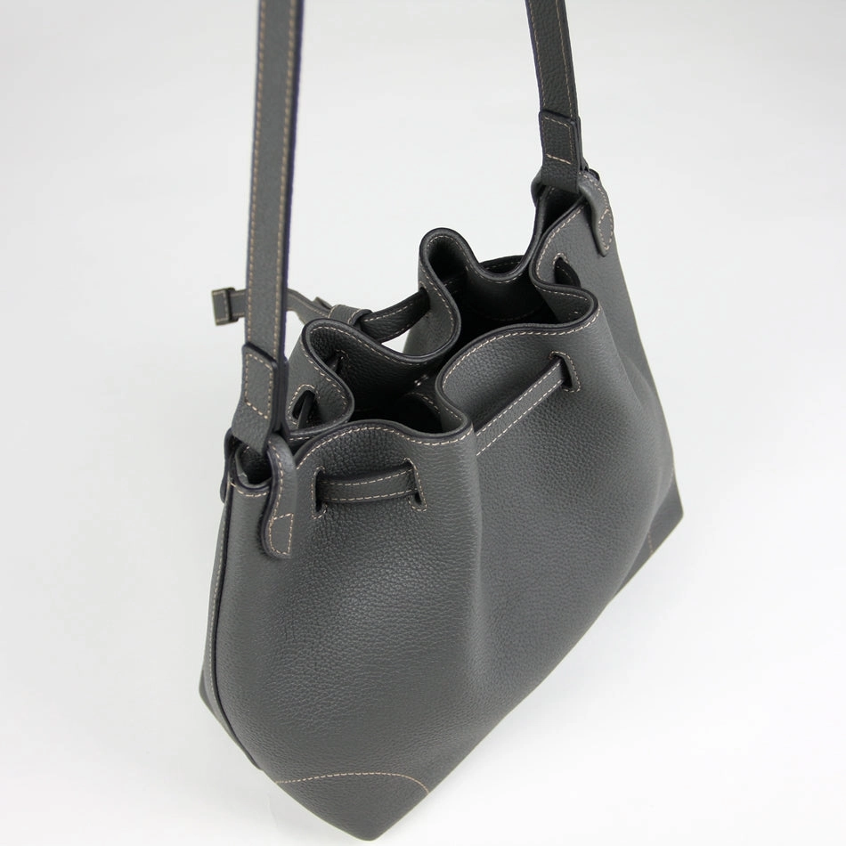 Everyday Fashion Weekend Adventure Bag Small Womens Dark Gray Leather Shoulder Bucket Purse Gray Leather Barrel Shoulder Bag Purse for Ladies