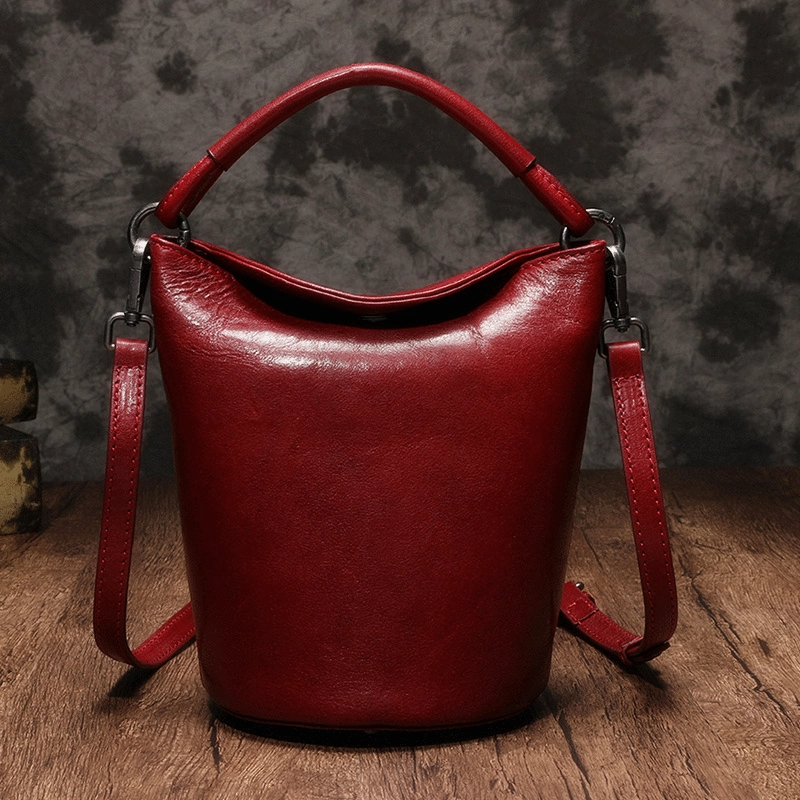 Small Womens Green Leather Bucket Handbag Vintage Brown Barrel Shoulder Bag Purses for Ladies Comfort Everyday