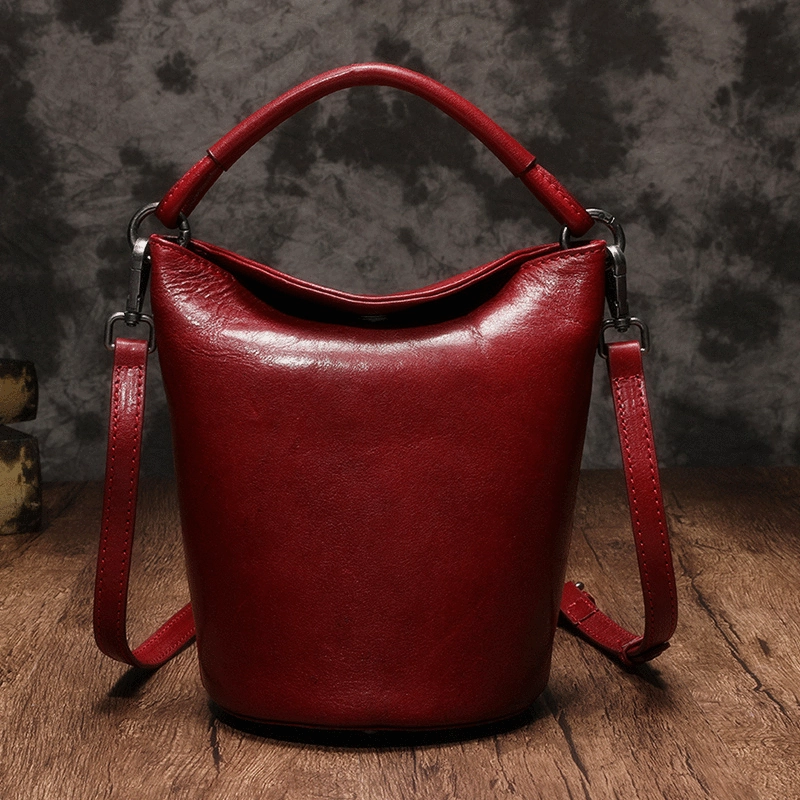 City Travel Soft Finish Small Womens Green Leather Bucket Handbag Vintage Brown Barrel Shoulder Bag Purses for Ladies