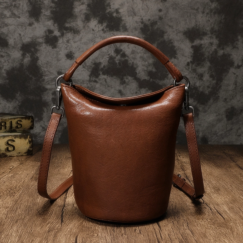 Small Womens Green Leather Bucket Handbag Vintage Brown Barrel Shoulder Bag Purses for Ladies Classic Update