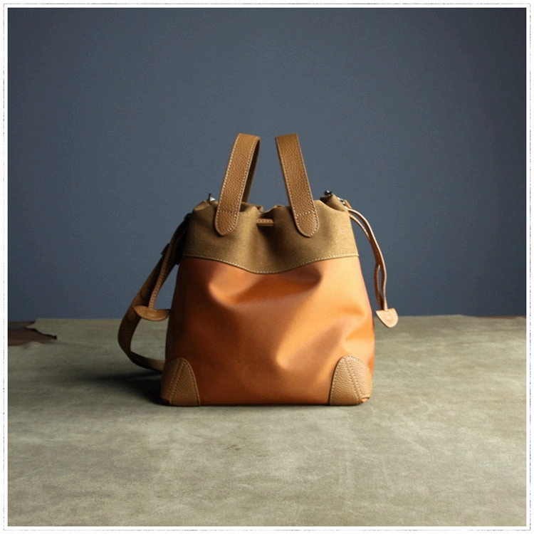 Small Womens Khaki Nylon Leather Bucket Handbag Purse Nylon Leather Barrel Shoulder Bag Handbag Purse for Ladies High Quality Craft