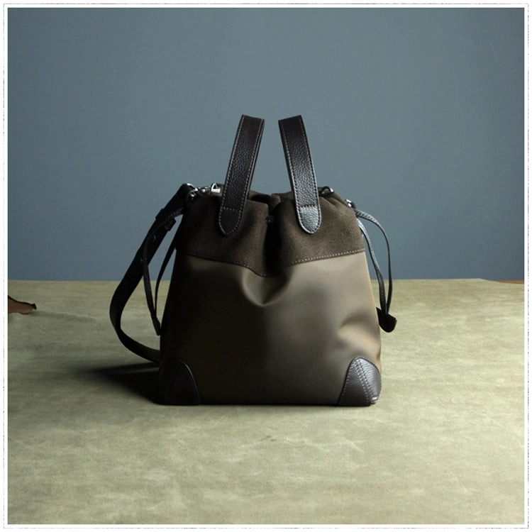 Small Womens Khaki Nylon Leather Bucket Handbag Purse Nylon Leather Barrel Shoulder Bag Handbag Purse for Ladies Urban Aesthetic Everyday handbag