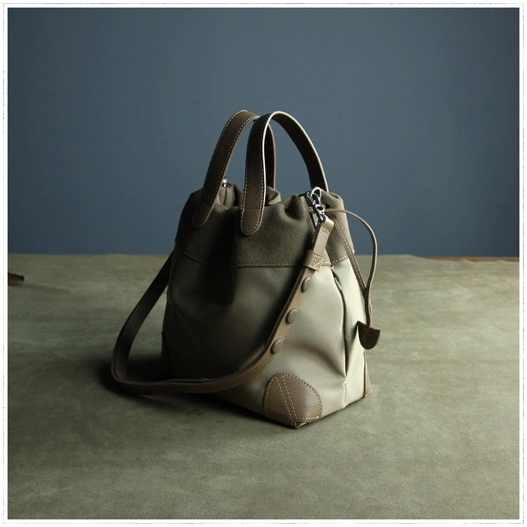 Small Womens Khaki Nylon Leather Bucket Handbag Purse Nylon Leather Barrel Shoulder Bag Handbag Purse for Ladies Relaxed Soft Shape Comfortable Handle