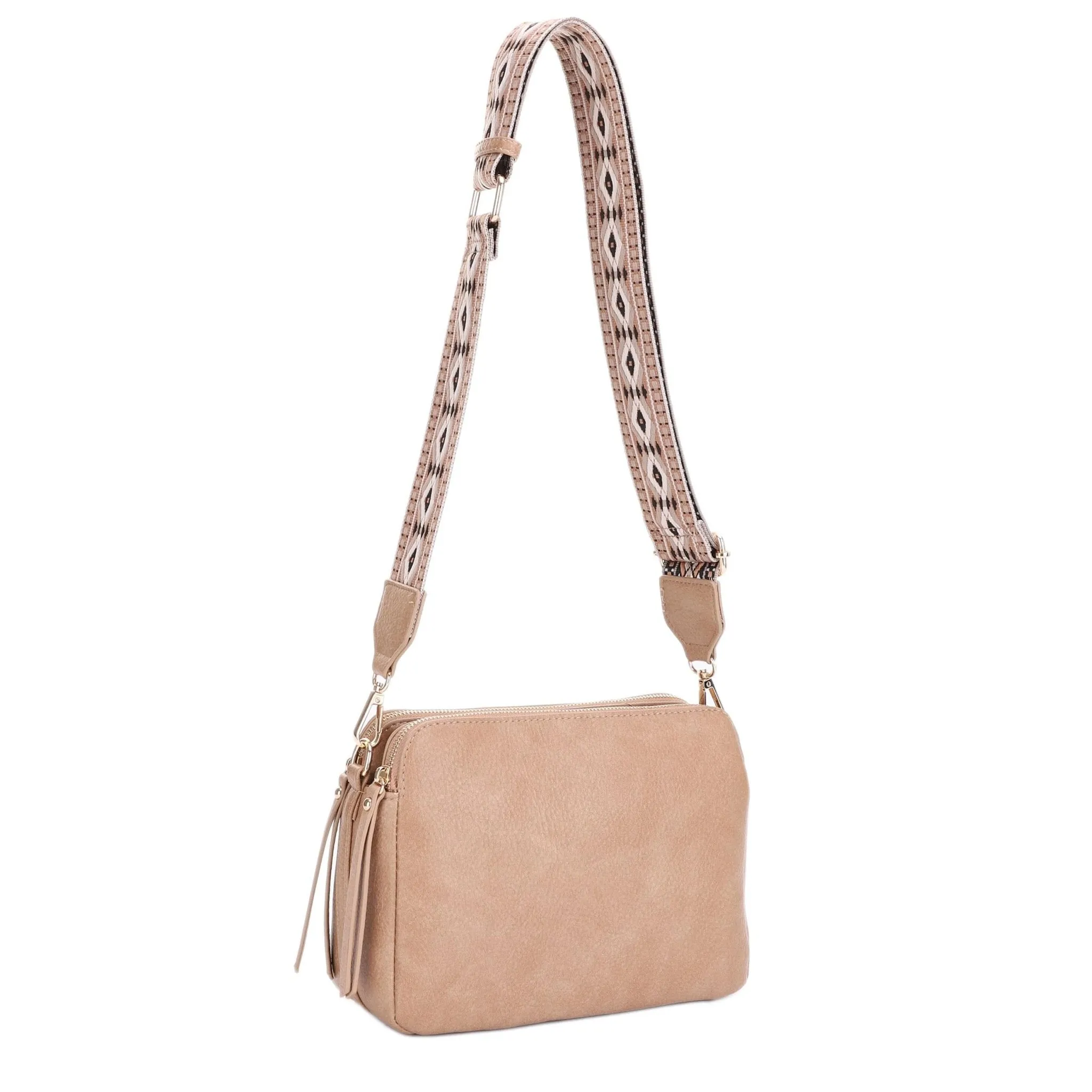EJ60197 Mila 3 Compartment Crossbody Bag With Guitar Strap Crossbody style that allows you to be hands-free without sacrificing style Outdoor Friendly Style