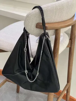 Luxury Large Black Lambskin Leather Shoulder Bag with Braided Handle and Chain Detail - Elegant and Spacious Working Tote Fashion Choice