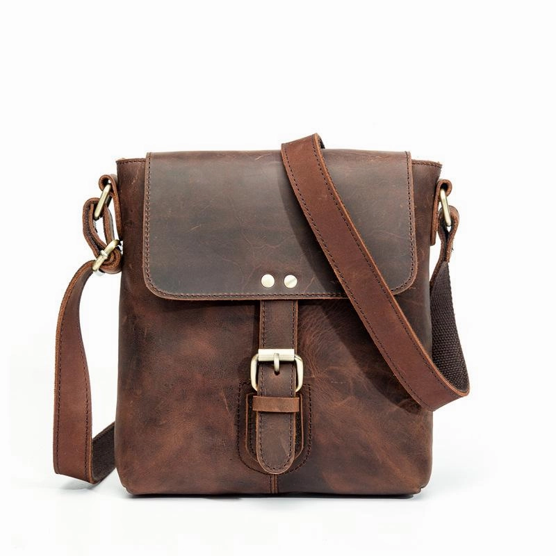 Daily Utility Vintage Brown Leather Men's Vertical Messenger Bag Small Side Bag Vertical Messenger Bag For Men