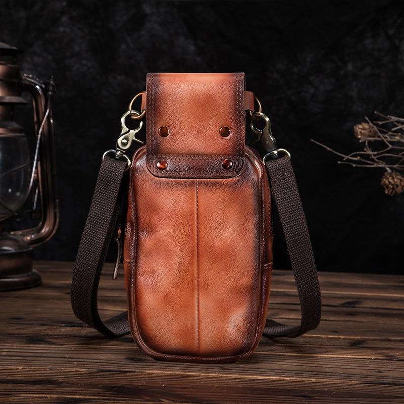 Minimalist Travel Street Functionality Cool Brown Leather Men's Cell Phone Holster Small Side Bag Mini Messenger Bag For Men
