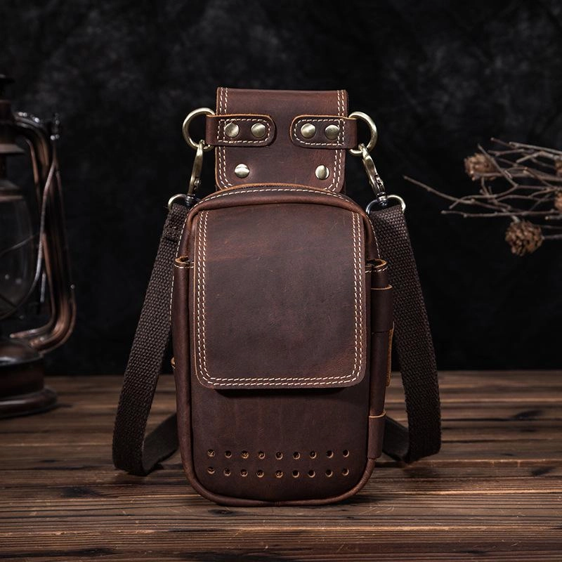 Cool Brown Leather Men's Cell Phone Holster Small Side Bag Mini Messenger Bag For Men Daily Commute Modern Travel