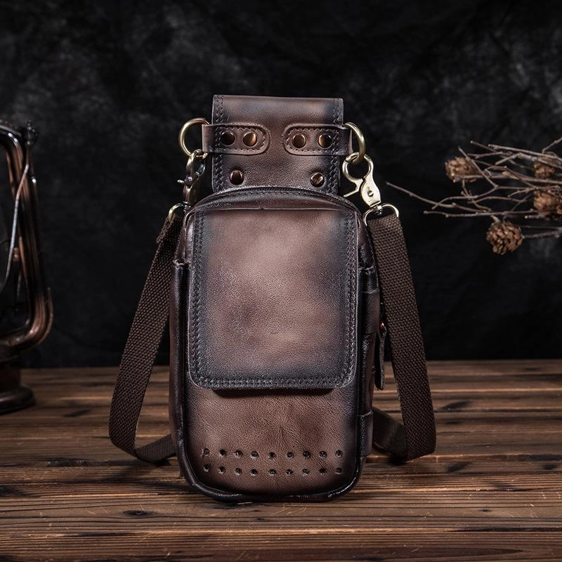 Weekend Escape Urban Journey Cool Brown Leather Men's Cell Phone Holster Small Side Bag Mini Messenger Bag For Men