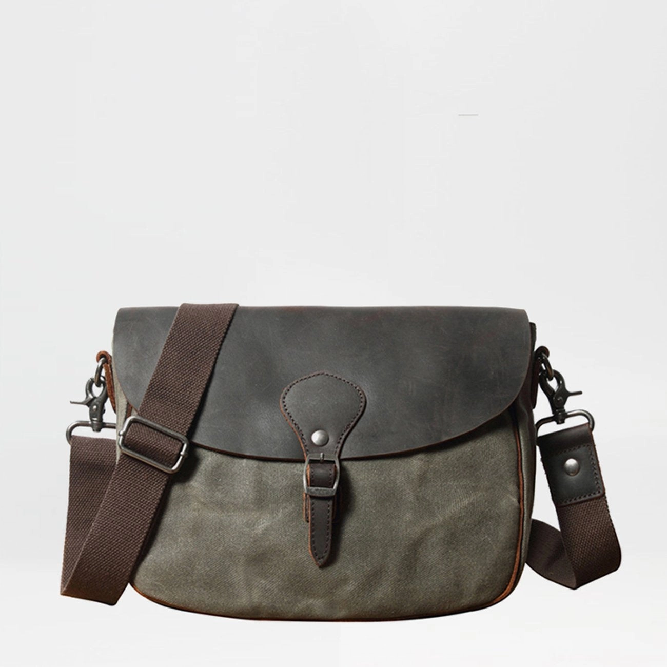 Stylish Travel Soft Texture Cool Waxed Canvas Leather Mens Casual Small Green Side Bag Messenger Bag For Men