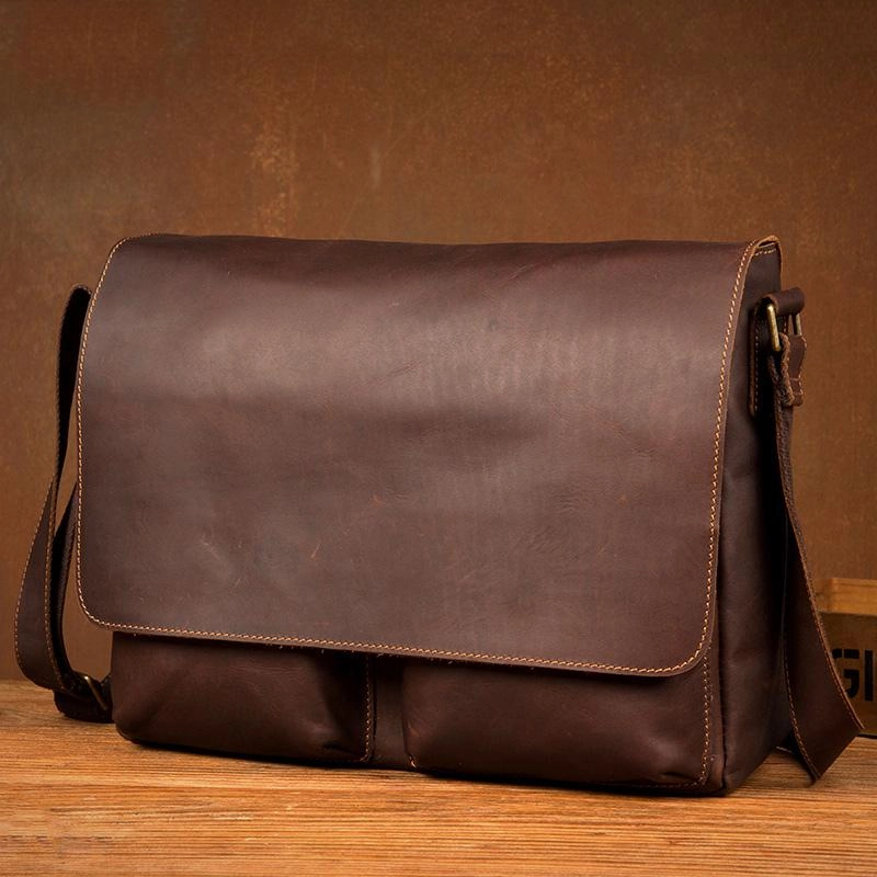 Cool Brown Leather 13 inches Mens Courier Bag Messenger Bags Postman Bag for Men Comfort Travel