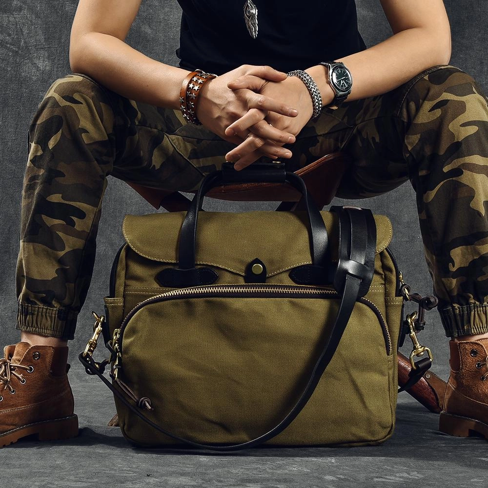 Weekend Style Comfort Accessory Canvas Leather Mens Khaki Briefcase 15'' Side Bag Messenger Bag Shoulder Bag For Men