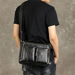 Portable Travel Fashion Simplicity Leather Mens Cool Messenger Bag Black Shoulder Bag for men