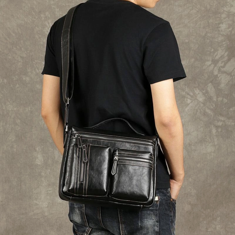 Portable Travel Fashion Simplicity Leather Mens Cool Messenger Bag Black Shoulder Bag for men