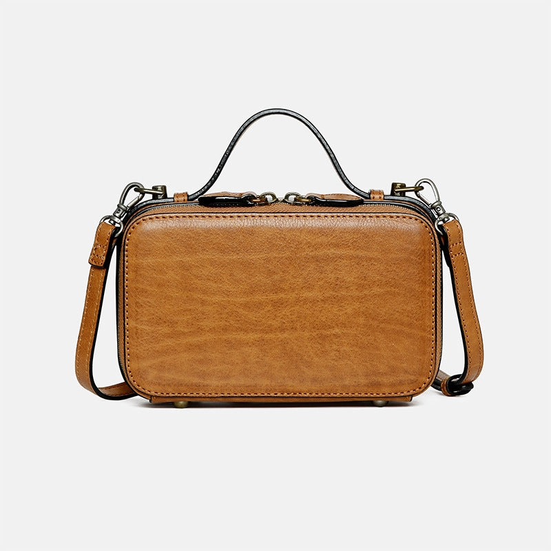 Vintage WOmens Brown Leather Box Handbag Shoulder Bag Small Brown Square Cube Crossbody Bag for Ladies Modern Look