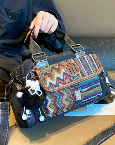 Black Gray Boho Handbag Women Canvas Embroidery Shoulder Bag Black Gray Canvas Crossbody Bag Practical Organizer