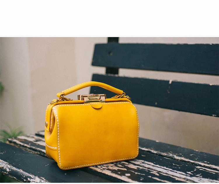 Handmade Womens Yellow Leather Doctor Handbag Purse Small Side Bag Doctor Bags for Women Elegant Street Luxury Street