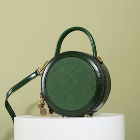 Womens Green Leather Round Handbag Small Crossbody Purse Round Shoulder Bag for Women Lightweight Carry