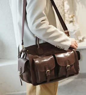 Pocket Organizer Chestnut Leather Duffle, Leather Boston Weekender Travel Bag, Leather Luggage Carry on Baggage Vegetable Tanned Gym Bag Women/Men Bag