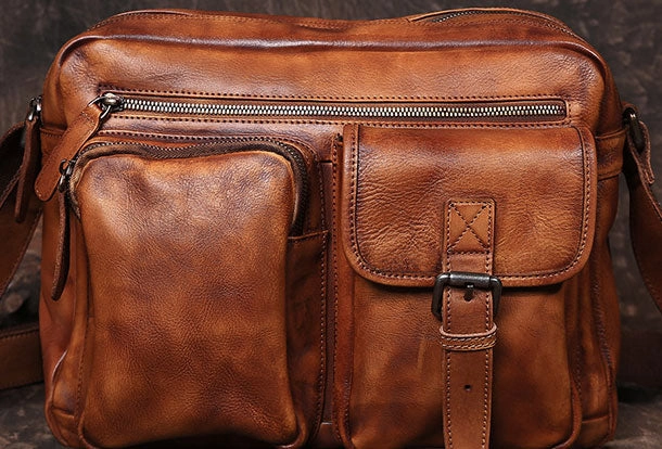 Fashion Simplicity Trendy Lifestyle Cool Small Leather Mens Messenger Bag Brown Courier Bag Side Bag Postman Bag for men