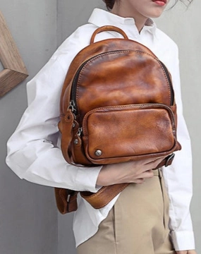 Weatherproof Design Smart Storage Brown Small Leather Backpack for Women Brown Leather Backpack Vintage Leather Rucksack Backpack