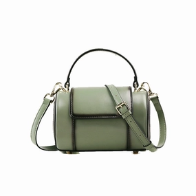 Comfortable Handle Cute Womens Light Green Leather Barrel Crossbody Purse Round Bucket Handbag Green Shoulder Bag for Women