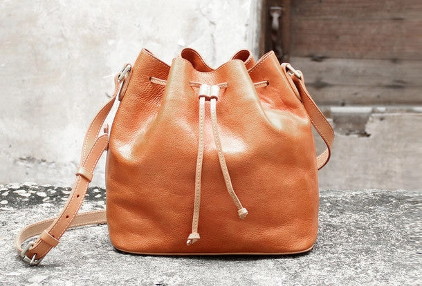 Commuter Friendly Street Fashion Handmade vintage bucket leather black bag orange shoulder bag crossbody for women