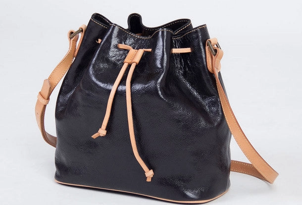 Handmade vintage bucket leather black bag orange shoulder bag crossbody for women Everyday Use