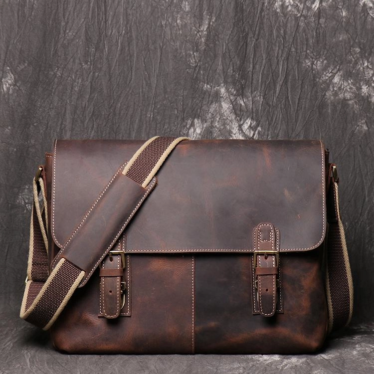 Black Cool Leather 13 inches Small Satchel Messenger Bag Side Bag Courier Bag For Men Travel Companion