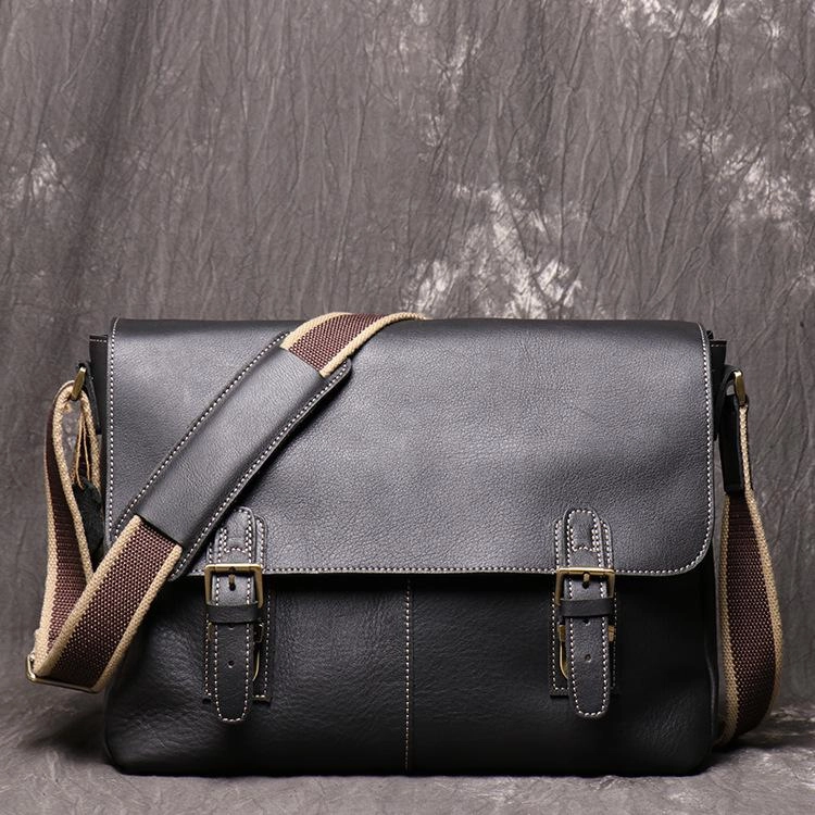 Black Cool Leather 13 inches Small Satchel Messenger Bag Side Bag Courier Bag For Men Fashion Simplicity Simple Function
