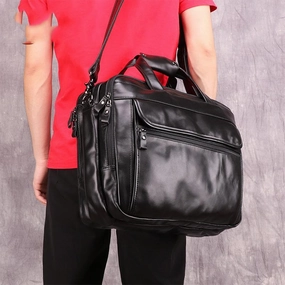 Everyday Function Utility Bag Black Leather Mens 15 inches Large Laptop Work Bag Handbag Briefcase Shoulder Bags Business Bags For Men