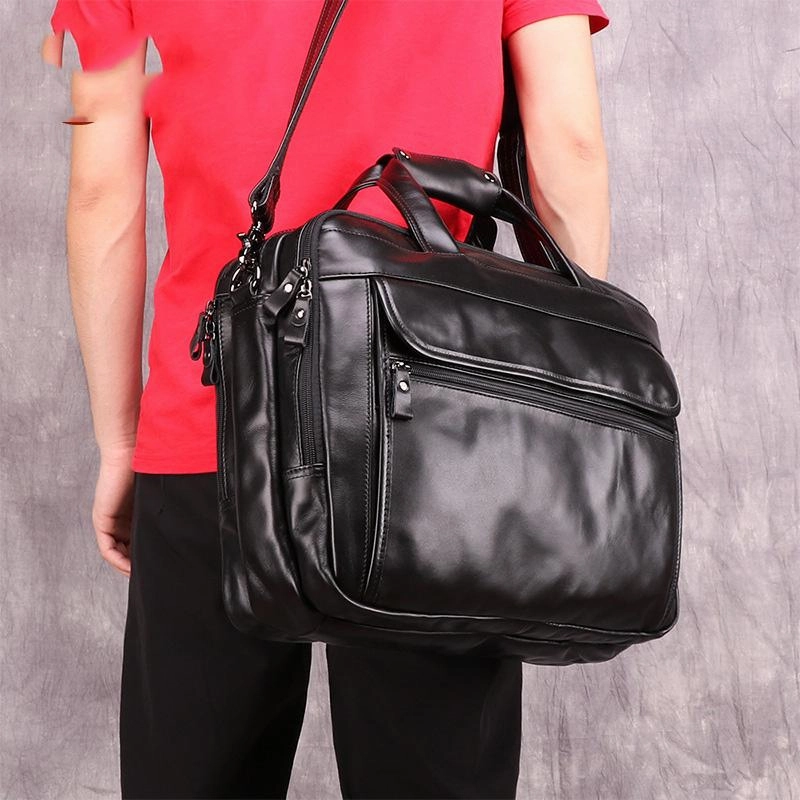 Everyday Function Utility Bag Black Leather Mens 15 inches Large Laptop Work Bag Handbag Briefcase Shoulder Bags Business Bags For Men