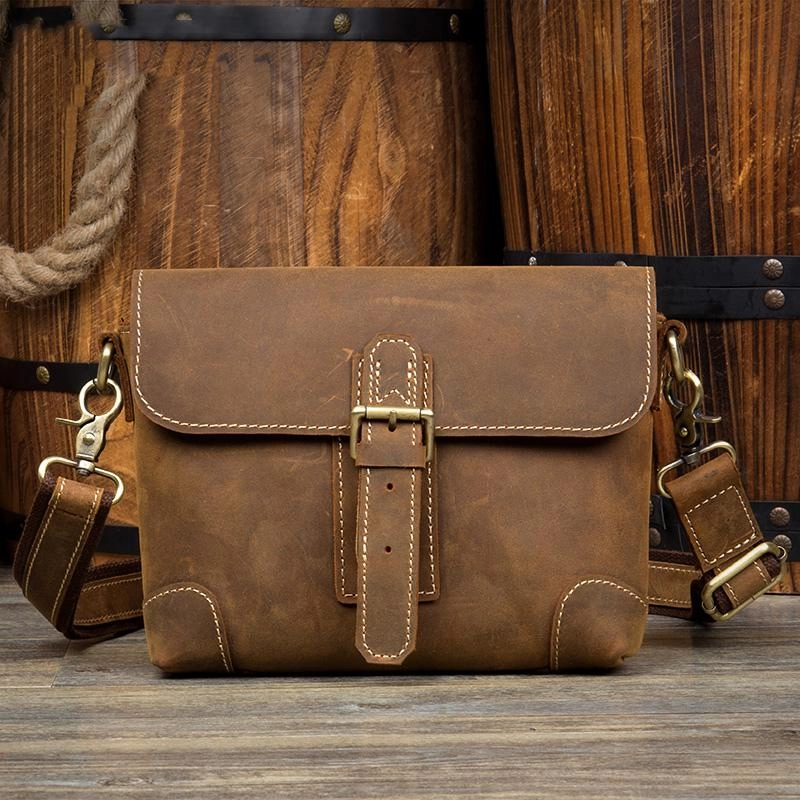 Compact Organizer Versatile Accessory Cool Brown Leather 8 inches Mens Small Courier Bag Messenger Bags Postman Bags for Men